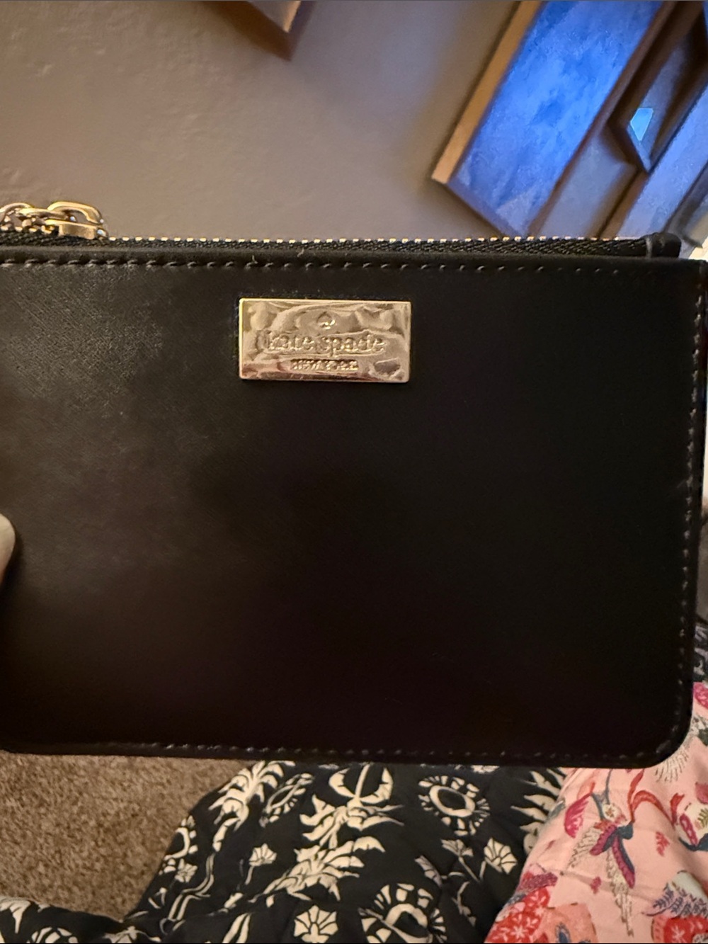 kate spade Black Leather Zip Wristlet with Gold Plaque